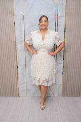 Beige Eyelet Button Down Midi Dress