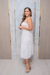 White Linen Ruched Midi Dress