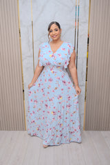 Blue Ruffle Sleeve Maxi Dress