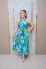 Blue/Green Pleated Satin Midi Dress