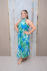 Blue/Green Pleated Satin Midi Dress
