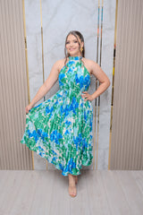 Blue/Green Pleated Satin Midi Dress