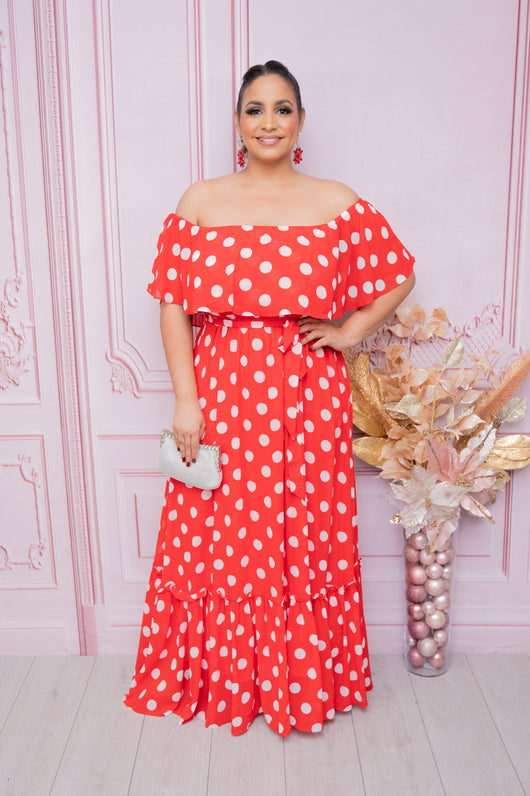 Red/Ivory Polka Dots Tiered Maxi Dress