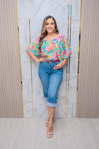 Green Palm Print Satin Blouse