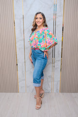 Green Palm Print Satin Blouse