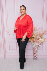 Red Long Sleeve Shift Blouse with Collar