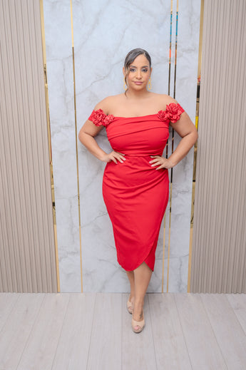 Red Flower On Shoulder Midi Dress