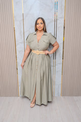 Sage Belted Button Down Midi Dress