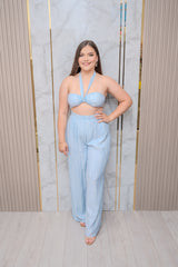 Blue Crinkle Halter Top and Pant Set