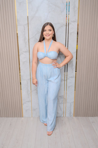Blue Crinkle Halter Top and Pant Set