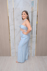 Blue Crinkle Halter Top and Pant Set