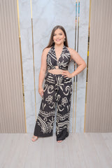Black Printed Halter Top and Pant Set