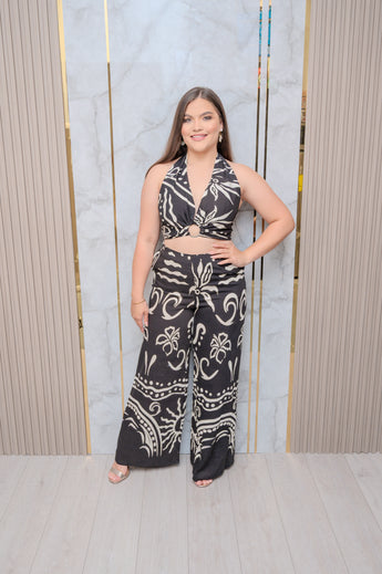 Black Printed Halter Top and Pant Set