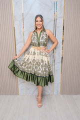Olive Boarder Print Sleeveless Midi Dress