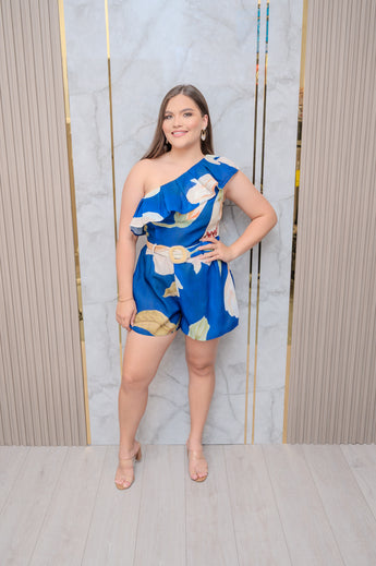 Blue One Shoulder Printed Romper