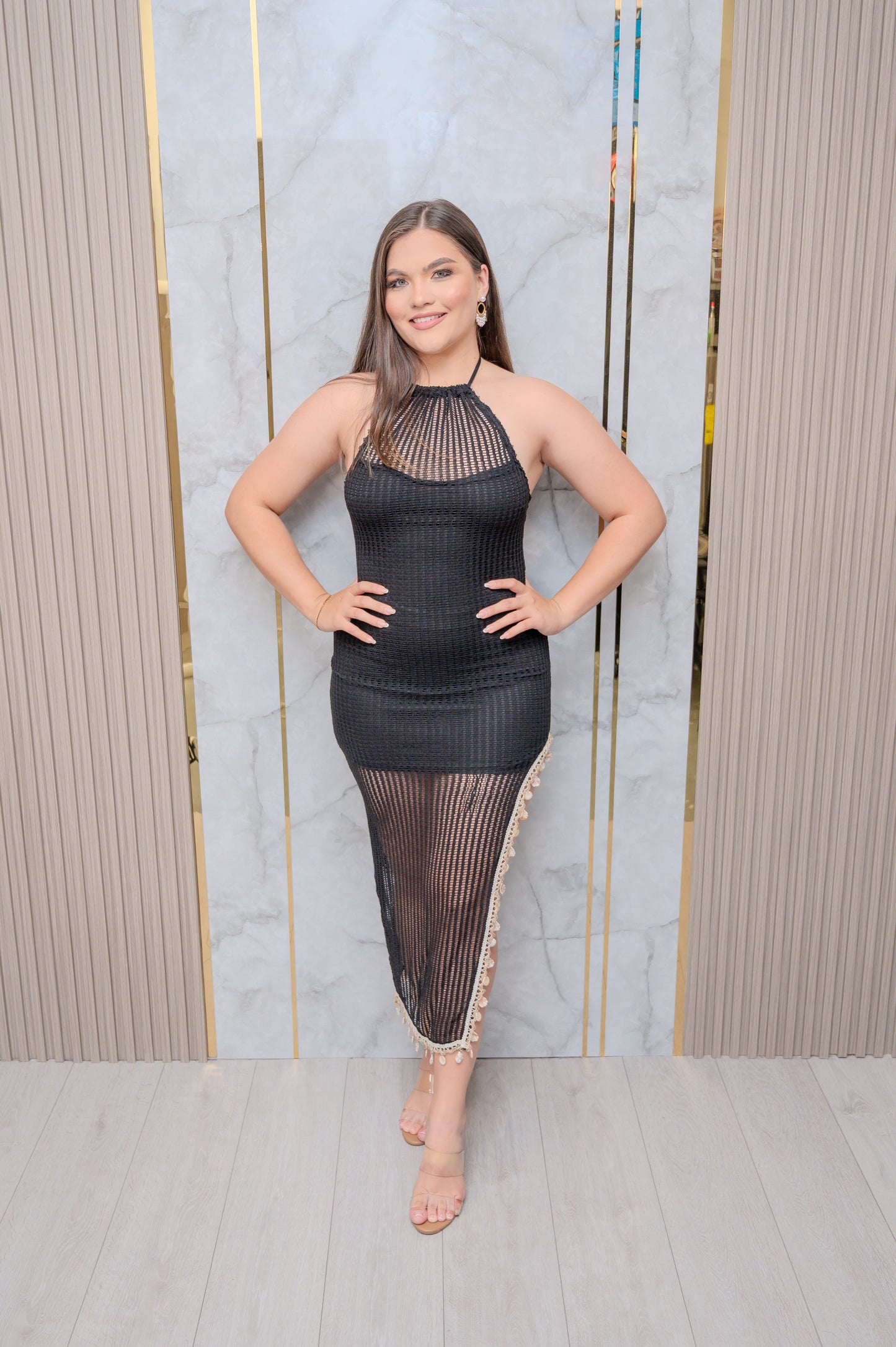 Black Knit Sell Trim Halter Midi Dress