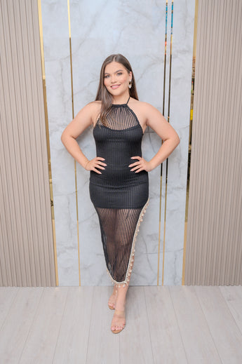 Black Knit Sell Trim Halter Midi Dress