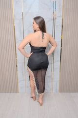 Black Knit Sell Trim Halter Midi Dress