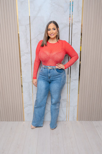 Red Rhinestone Long Sleeve Bodysuit