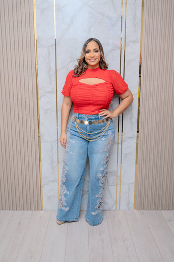 High Waisted Jeans with Blue Lace