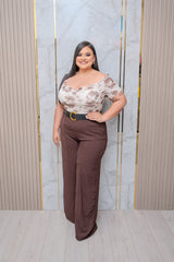 Ivory/Brown Off Shoulder Mesh Blouse