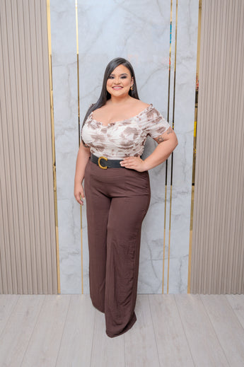 Ivory/Brown Off Shoulder Mesh Blouse