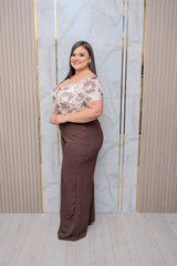 Ivory/Brown Off Shoulder Mesh Blouse