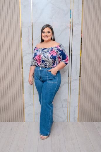 Navy Leaf Off Shoulder Top