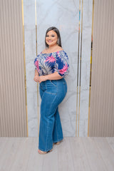 Navy Leaf Off Shoulder Top
