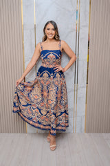 Navy Printed Midi Dress