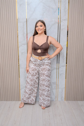 Brown Tropical Print Wide Leg Pants
