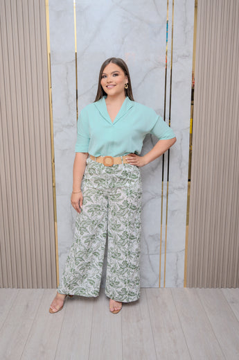 Olive Tropical Print Wide Leg Pants