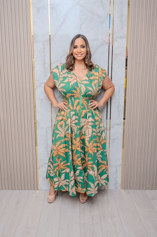 Green Floral Front Zipper Midi Dress