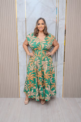 Green Floral Front Zipper Midi Dress