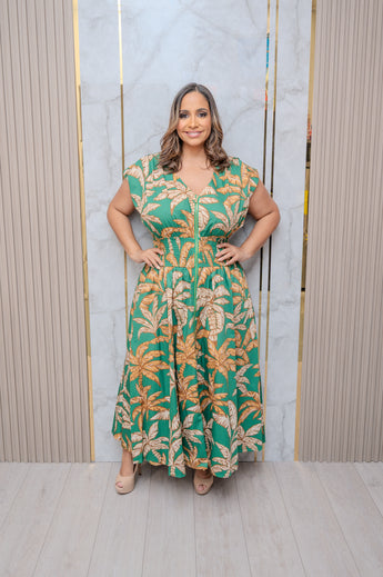 Green Floral Front Zipper Midi Dress