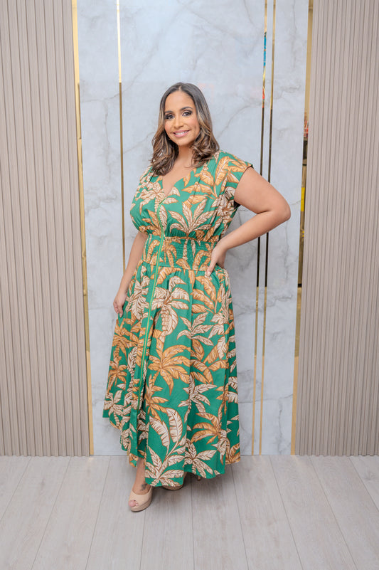 Green Floral Front Zipper Midi Dress