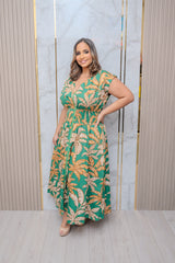 Green Floral Front Zipper Midi Dress