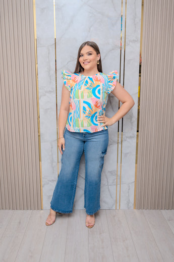 Blue Printed Ruffle Sleeve Top