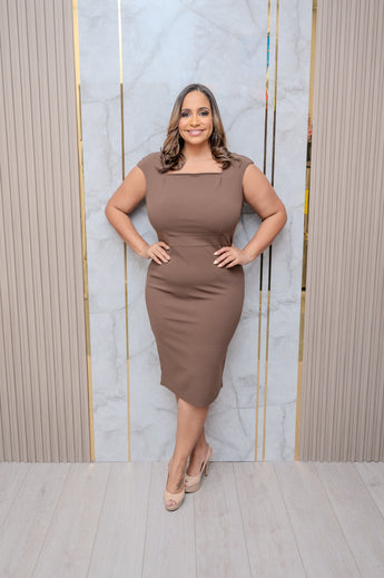 Brown Short Sleeve Midi Dress