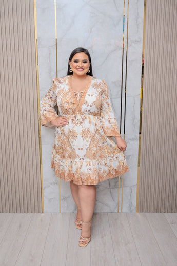 Taupe Printed Bell Sleeve Dress