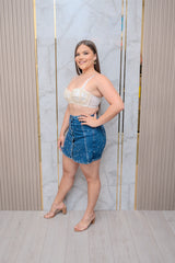 Denim Button Down Skirt with Stones