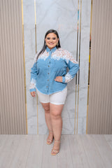 Denim and Lace Button Down Blouse