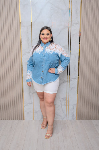 Denim and Lace Button Down Blouse