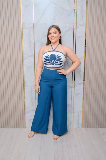 Navy Printed Top and Pant Set
