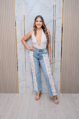 Light Wash Denim Jeans with Lace