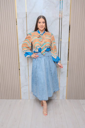 Turquoise Printed Long Sleeve Top