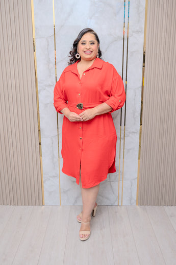 Red Button Down Belted A-Line Dress