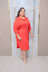 Red Button Down Belted A-Line Dress