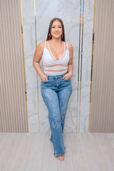 Wide Leg Jeans with Flower Rhinestones