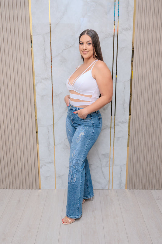 Wide Leg Jeans with Flower Rhinestones